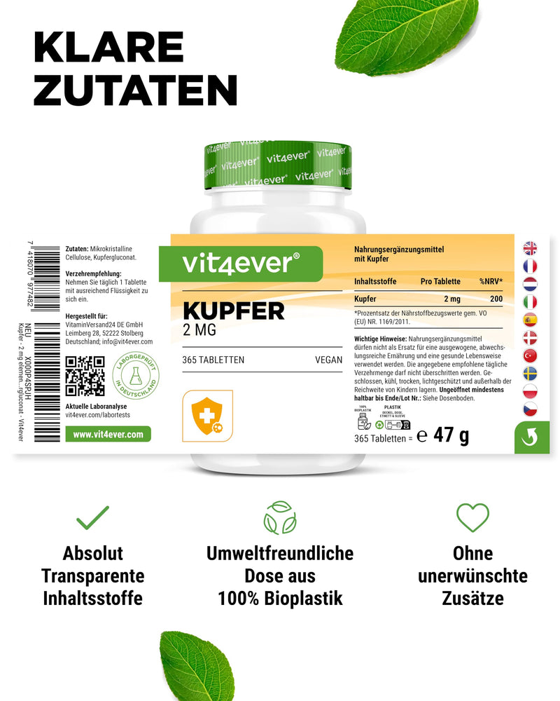 [Australia] - Copper - 365 tablets with 2 mg each - 1 year supply - High bioavailability - Copper gluconate - High dosage - Vegan - Without unwanted additives 