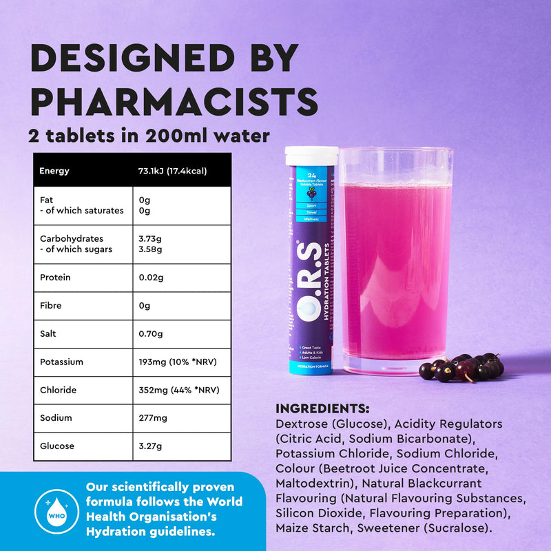 O.R.S Hydration Tablet with Electrolytes for Rehydration, Wellness, Travel, Sports & Recovery | Vegan, Gluten-Free & Low-Calorie Electrolyte Tablets with Natural Blackcurrant Flavour, 96 Tablets Blackcurrant (Hydration) 24 count (Pack of 4)