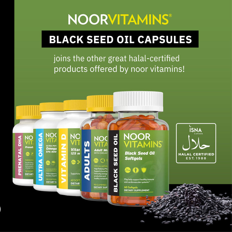 [Australia] - Noor Vitamins Halal Black Seed Oil Capsules, Halal Vitamins, 1000 mg Black Seed Oil from Nigella Sativa, Thymoquinone, Non-GMO, Gluten Free, 60 Count 