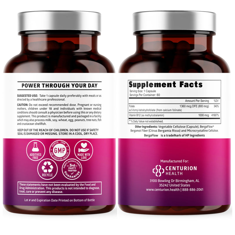 Number One Nutrition Premium Methylated B12 + Folate Supplement for Energy, Cognition and Nerve Support, 60 Vegan Capsules, Non-GMO and Gluten-Free