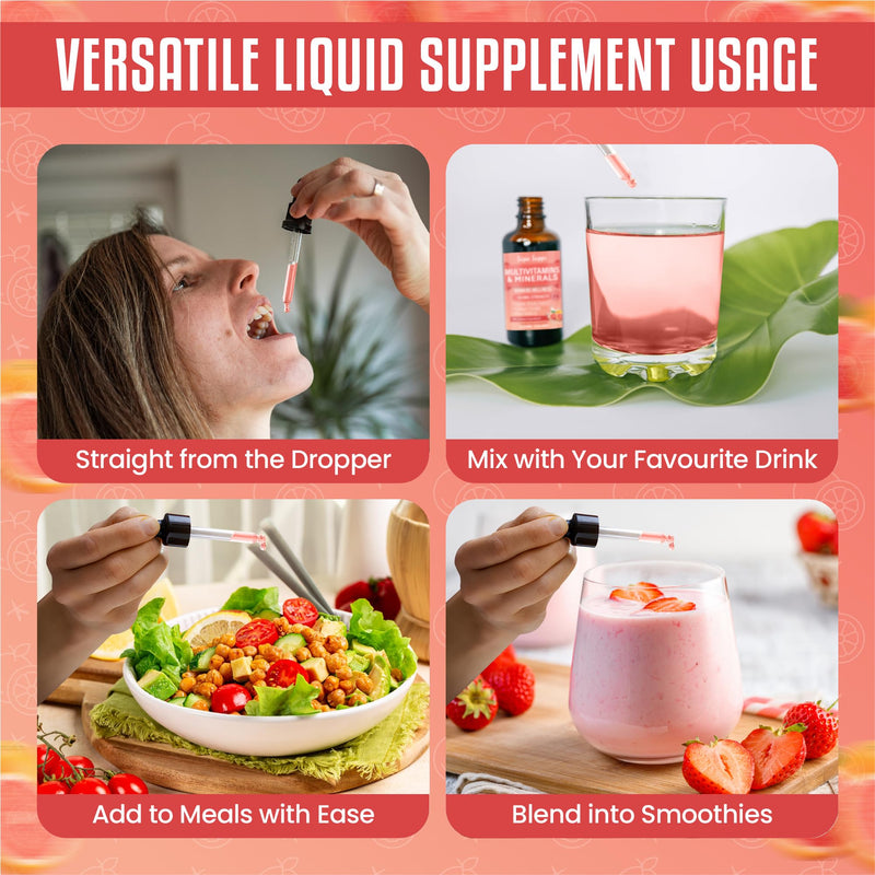 Multivitamins & Minerals for Women 30 Plus - Daily Vitamins A C D E K B Complex, Iron & Zinc - Smooth Pink Grapefruit Flavour - Liquid Multivitamin for Women - Alternative to Tablets & Gummies - 60ml