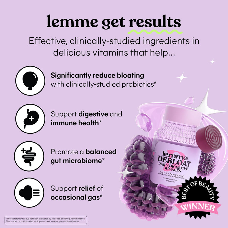 Lemme Debloat Digestive & Gut Health Gummies, 30-Day Supply | 2 Clinically Studied Probiotics & Prebiotic, Vegetarian, Gluten Free, Non GMO, BlackBerry Flavor 60 Count (Pack of 1)