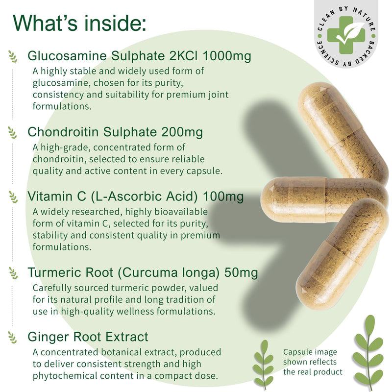 Glucosamine & Chondroitin Complex with Vitamin C, Turmeric, Ginger & Rosehip - UK Made, GMO Free, 180 Capsules