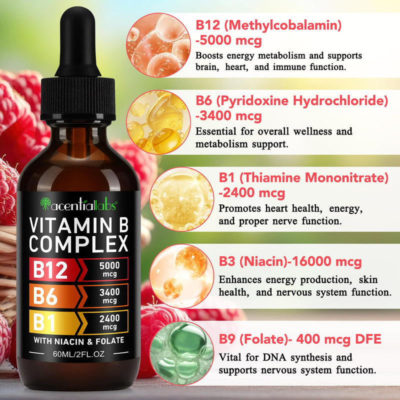 Vitamin B12 Liquid Drops with B6 – Sublingual Methylcobalamin B12 Supplement, High Strength B Complex, Energy Metabolism & Daily Wellness Support，Raspberry Flavor 60 ml (Pack of 1)