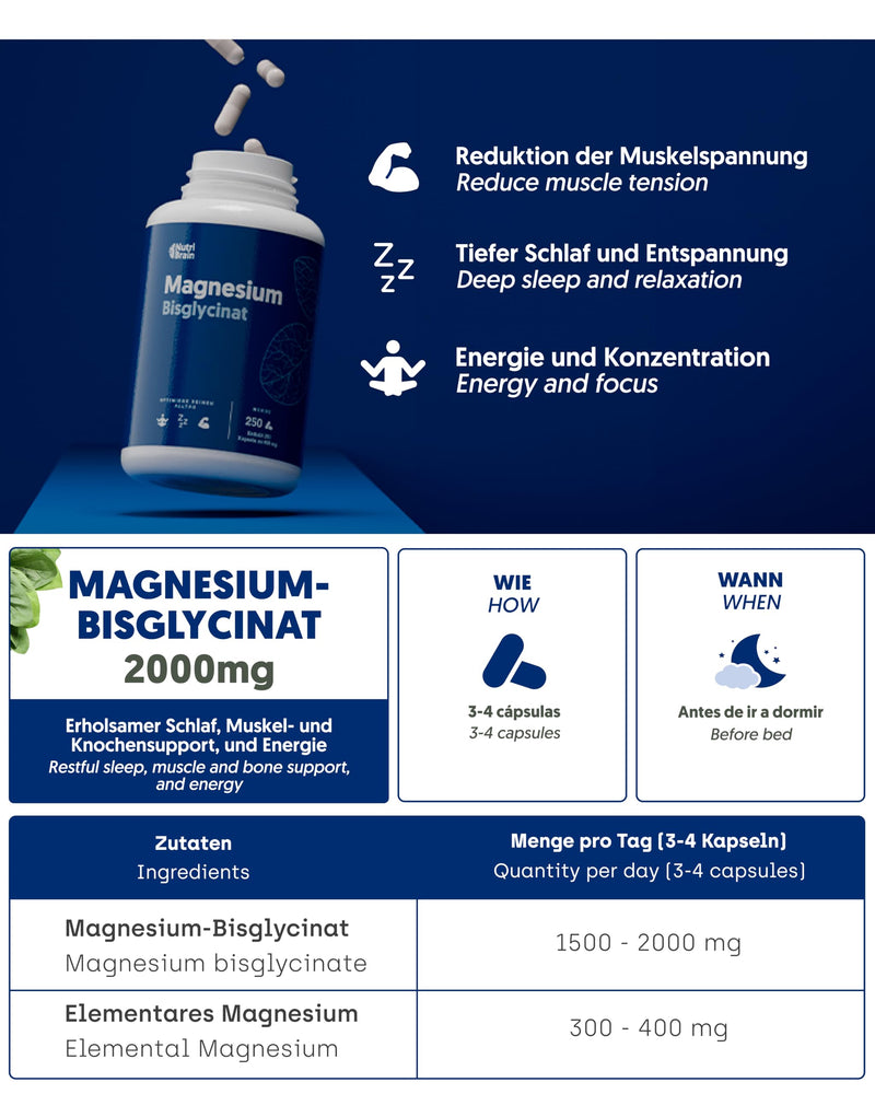 [Australia] - Magnesium bisglycinate 2000 mg - HIGH DOSE, 250 capsules | Premium: Chelated magnesium with high bioavailability for restful sleep, energy, bones and muscles, concentration. Magnesium bisglycinate 