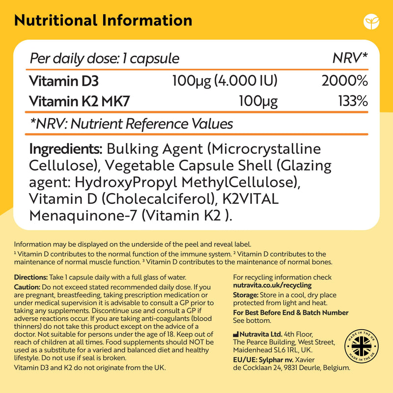 Nutravita Vitamin D3 4000 IU & K2 100μg MK7 (K2VITAL®) - 120 VIT D Capsules not Tablets - Vitamin D3 K2 Supplements - D3K2 Immune Support Supplements - VIT D K2 - Cholecalciferol, K2 MK7 - Made in UK