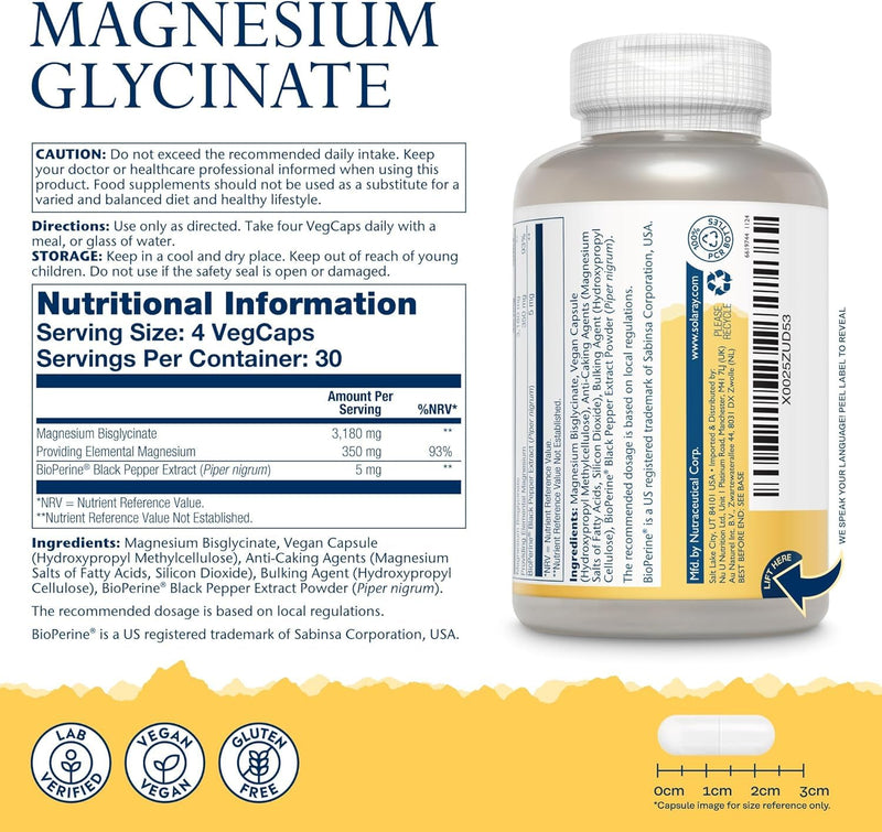 Solaray Magnesium Glycinate Chelated - 120 Vegan Capsules - 350mg Elemental Magnesium - Gentle on Stomach - Supports Energy, Muscle Function, Relaxation & Reduces Fatigue - Lab Verified