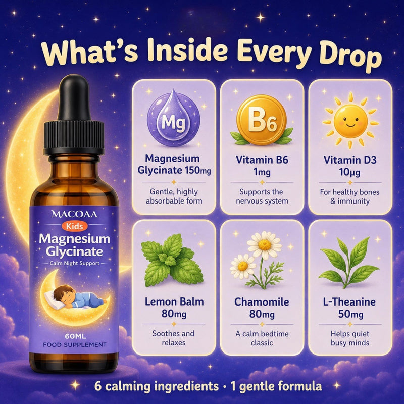 Magnesium Glycinate Kids Liquid Drops 150mg | Calm Night Support | with Vitamin B6, D3, Lemon Balm & Chamomile | Easy Absorption | 60ml |