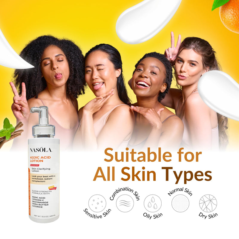 Nasola Kojic Acid Lotion Natural Skin Clarifying for Face & Body with Vitamin C, Niacinamide, Shea Butter, Licorice & Green Tea for Complexion Revitalization, Body Lotion Women & Men 13.5 Fl Oz (Pack of 1)