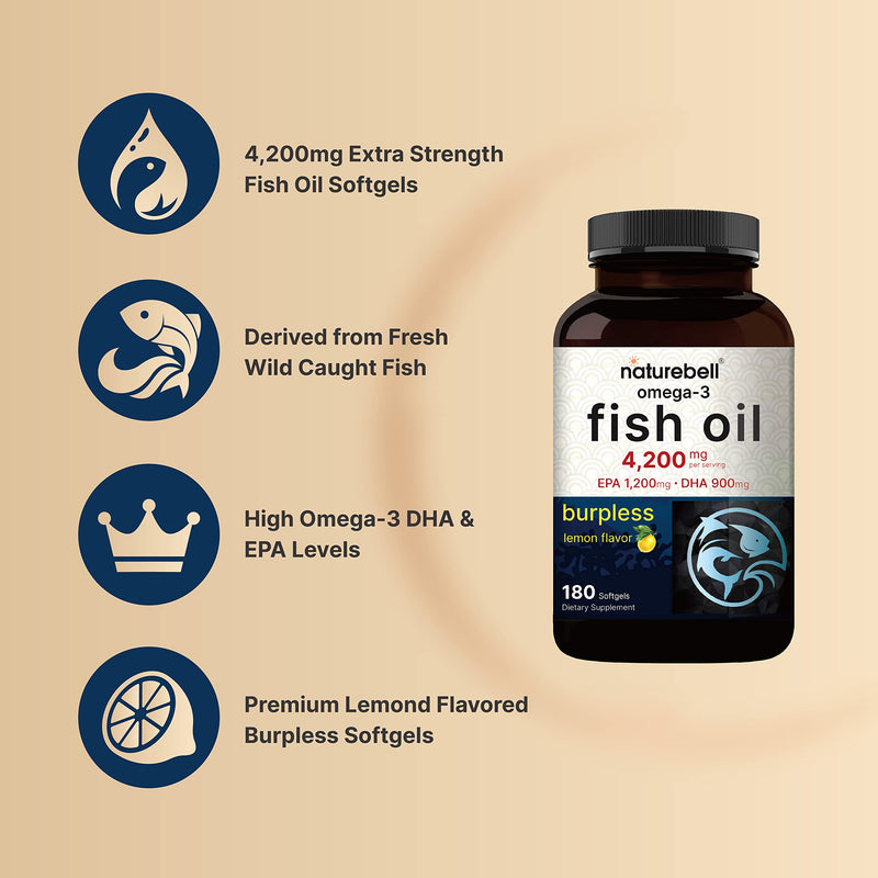 Omega 3 Fish Oil 4,200mg, 180 Burpless Softgels, Highly Purified EPA 1,200mg & DHA 900mg | Lemon Flavored | Premium Wild Caught Fish from Deep Sea – Heart & Brain Support – Mercury Free & NON-GMO