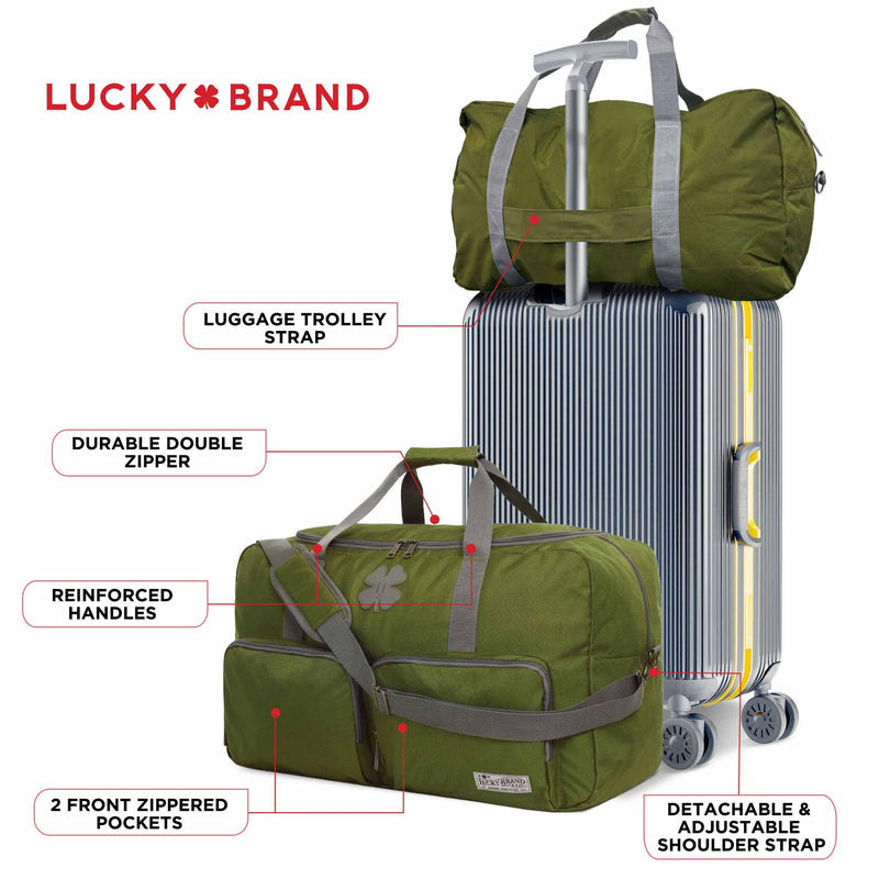 Lucky Brand Large Duffle Bag for Travel, Foldable Weekender Overnight Bag | Travel Duffel bag, Adjustable Shoulder Strap, Front Zip Pockets, Spacious Capacity, Unisex Lightweight Travel Bag for Flights Loden Green 65L