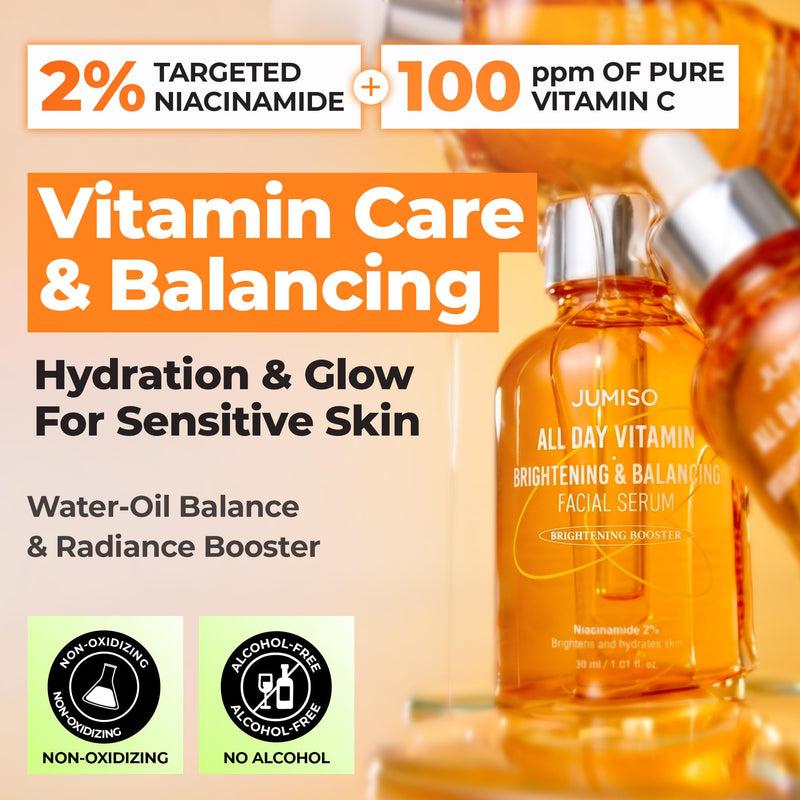 JUMISO All Day Vitamin Serum, Brightening & Balancing Facial Serum, Gift, Vitamin C, A, B, D, E , Serum with Vitamin, Korean Skincare, Skin brightening, soothing, Vegan serum, Vitamin tree extract 86.14%, Niacinamide 20,000ppm,1.01 fl oz (serum) | Anti...