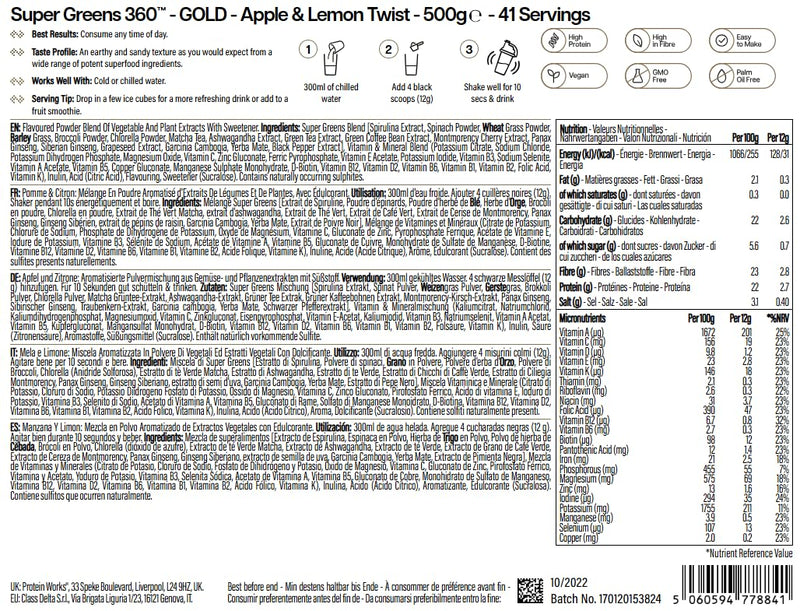 Protein Works | Super Greens 360 - Gold Innovation, Enhanced Greens Powder, 159 Health Benefits, Antioxidants, Superfoods, Adaptogens, Vegan, Apple & Lemon Twist, 41 Servings, 500g 500g (41 Shakes)