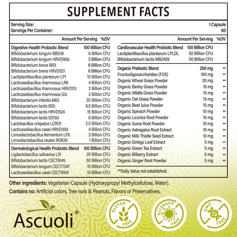 [Australia] - Ascuoli Probiotics for Women & Men - 300 Billion CFU, 22 Strains Probiotics + 15 Organic Herbs Blend, Daily Probiotics for Digestive Health, Immune, Gut, Bloating - 60 Capsule 60 Count (Pack of 1) 