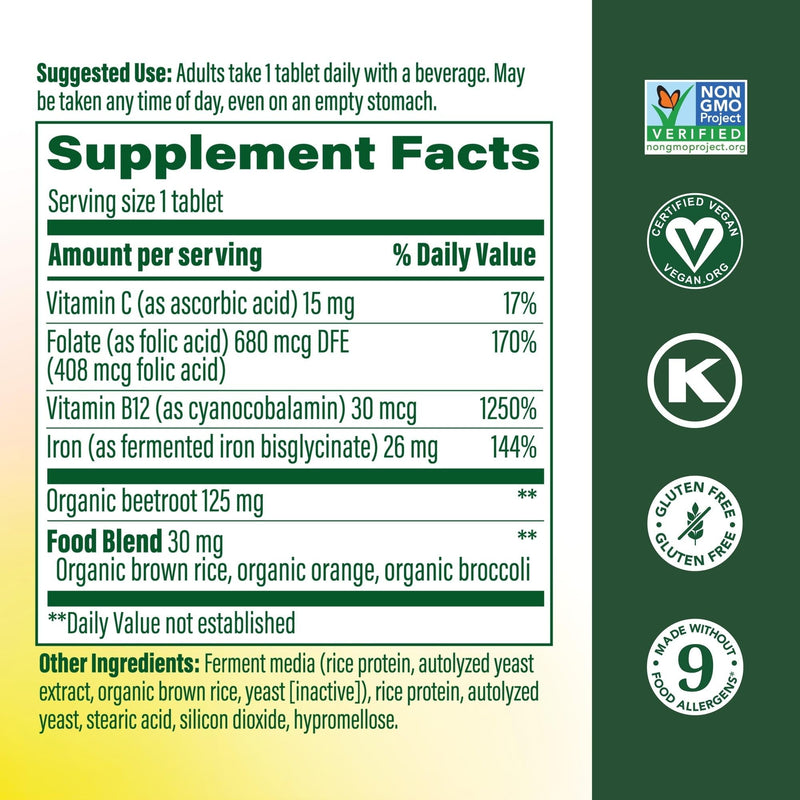 MegaFood Blood Builder Iron Supplement, Energy Support, Vegan, 180 Tablets | Increase Iron Levels Without Side Effects, Improves Energy Levels, B12, Folic Acid and Vitamin C for Absorption, 180 Servings Unflavored 180 Count (Pack of 1)
