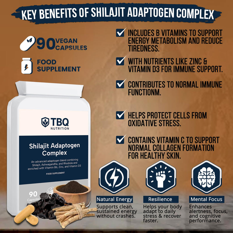 Shilajit 2000mg Adaptogen Complex with Ashwagandha, Rhodiola, Zinc, B6 & D3 | 90 Capsules | UK-Manufactured