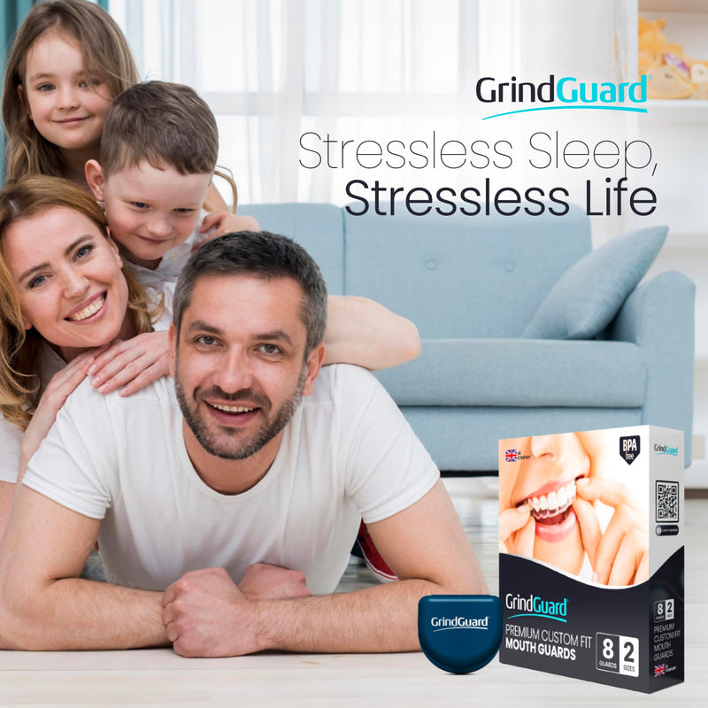 [Australia] - GrindGuard® Adult Mouthguards Against Bruxism, Clenching and TMJ Relief, 8 Gum Guards (2 Sizes) and Storage Case, Pack of 8, Clear 
