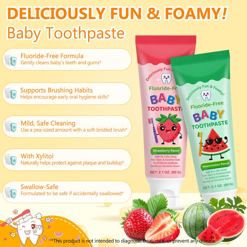 2PACK Kids Toothpaste Watermelon and Strawberry Flavor, Swallowable Toothpaste with xylitol and Vitamin E, Fights Plaque, Designed for Children, 2.1OZ Strawberry+Watermelon