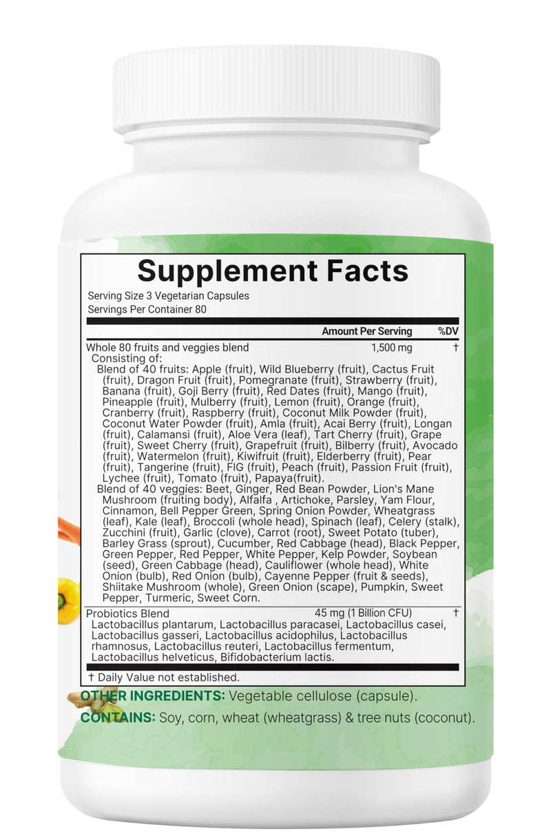 [Australia] - Micro Ingredients Fruit and Veggies Supplement with Probiotics, 240 Vegetarian Capsules | 80+ Super Greens & Fruits Complex | Immune, Gut & Digestive Health Support 