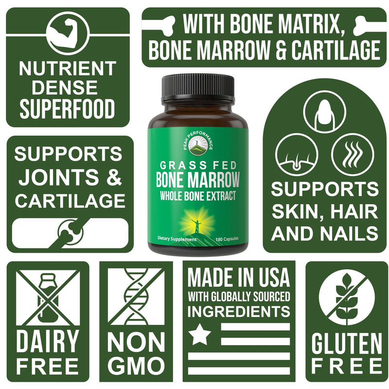 [Australia] - Peak Performance Grass Fed Bone Marrow - Whole Bone Extract Supplement 180 Capsules Superfood Pills Rich in Collagen, Vitamins, and Amino Acids. from Bone Matrix, Marrow, Cartilage. Ancestral Tablets 