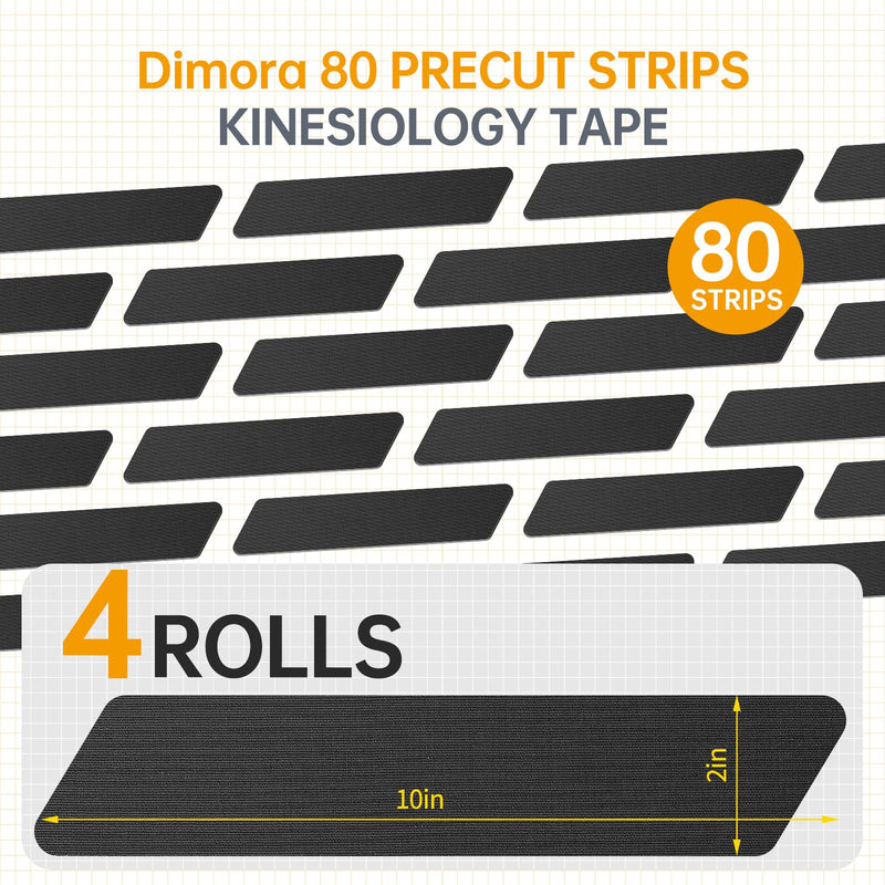 [Australia] - Dimora Kinesiology Tape, 80 Count Precut Strips 4 Rolls, Original Cotton, 10” Elastic Athletic Tape for Muscle Pain Relief and Joint Support, Black 