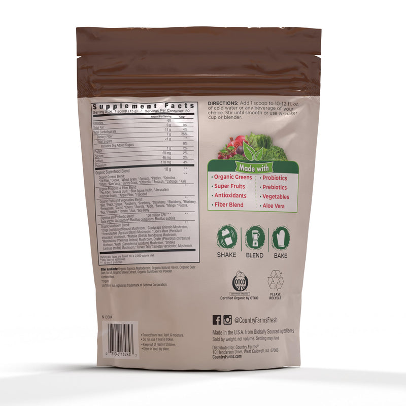 [Australia] - COUNTRY FARMS Super Greens Chocolate Flavor, 50 Organic Super Foods, USDA Organic Drink Mix (Wheat Grass, Spirulina, Chlorella) Mushrooms & Probiotics, with Fiber, Natural Energy, 30 Servings 15.87 Ounce (Pack of 1) 