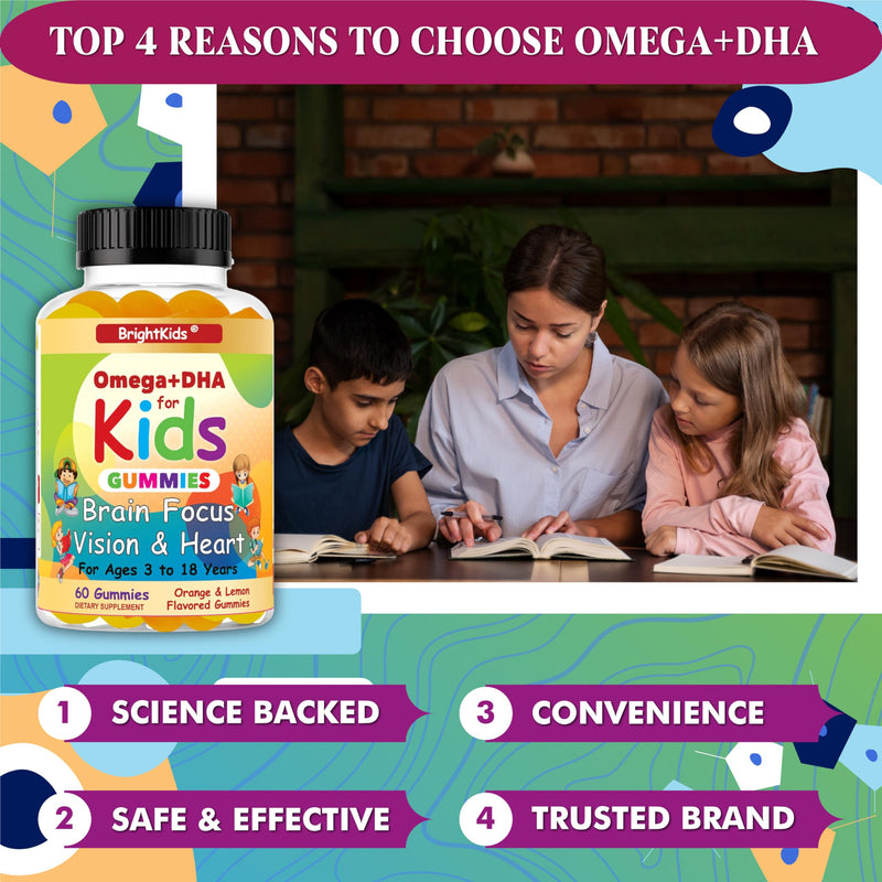 BrightKids Omega DHA Gummies for Kids & Teen, Children's DHA, Vegan Omega 3 Supplement, Brain Supplements with Vegan Omega 3 DHA - (60 Gummies)