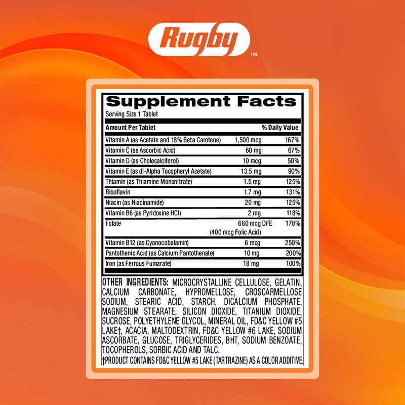 Rugby Tab-A-Vite Multivitamin with Iron and Beta-Carotene, 100 Tablets | Daily Multivitamin, Bone Health, Energy, and Immunity Support for Adults, Multimineral Supplement