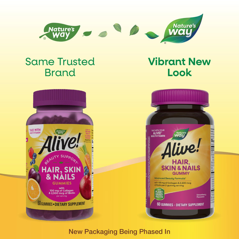 [Australia] - Nature's Way Alive! Hair, Skin & Nails Gummies, Advanced Beauty Formula*, with Biotin and Collagen, Strawberry Flavored, 60 Gummies (Packaging May Vary) 