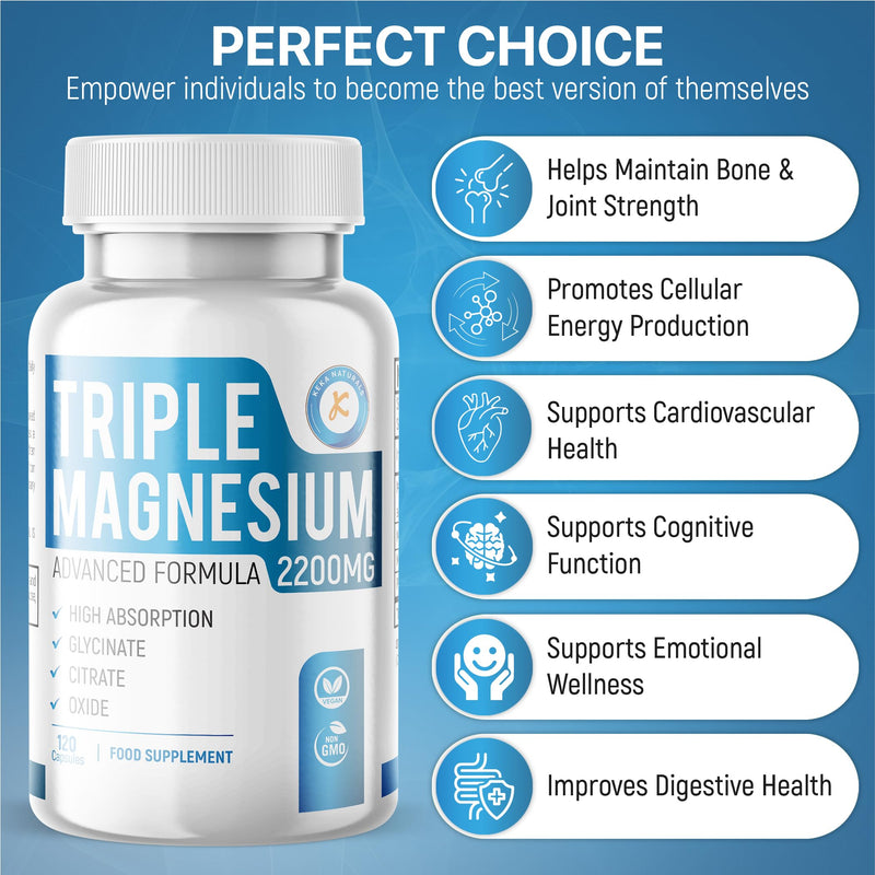 Triple Magnesium Complex 2200mg - Glycinate Citrate Oxide - 3 in 1 Powerful Supplement - 120 Capsules - Vegan
