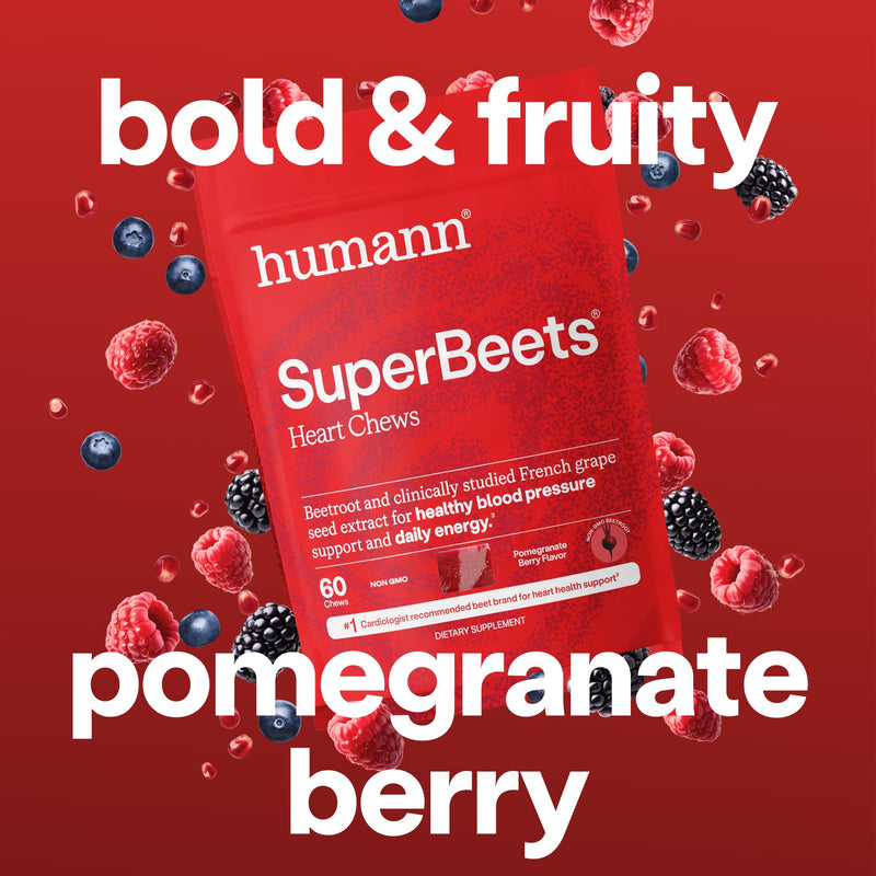 HumanN SuperBeets Heart Chews, Beet Root Powder Support Energy Supplement, Nitric Oxide and Blood Pressure Support, Grape Seed Extract & Non-GMO, Heart Health, Pomegranate Berry Flavor, 60 Count 60 Count (Pack of 1)
