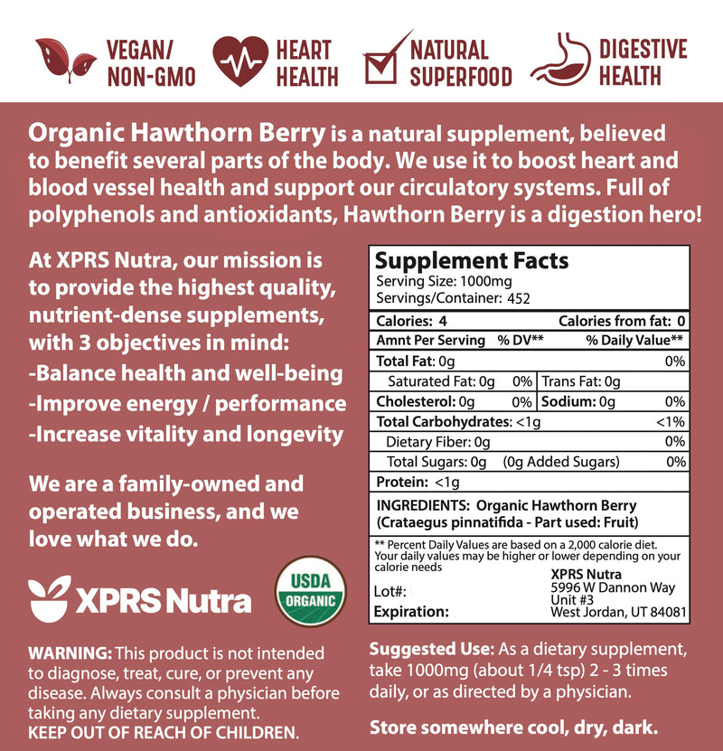 [Australia] - XPRS Nutra Organic Hawthorn Berry Powder - Premium USDA Organic Hawthorne Berry Powder for Cardiovascular Support - Vegan Friendly Hearth Health Supplement (16 Ounce) 1 Pound (Pack of 1) 
