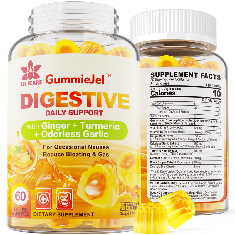 LILICARE Sugar Free Omega 3 Fatty Acid 2000mg With 640mg DHA & 290mg EPA, Multivitamin, CoQ10, Astaxanthin + Ginger Filled Gummies for Nausea - Stomach Relief - Ultra Absorption for Digestive Support