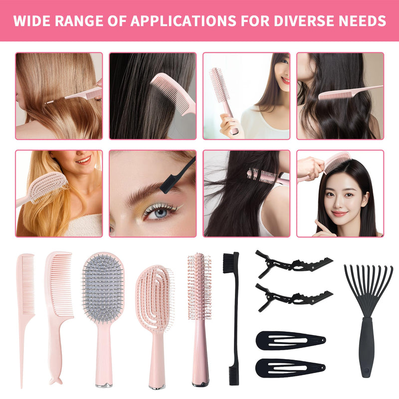 Hair Brush Set, Professional Styling Tools with Combs and Accessories, Pink, Gift Box Included (Pink Brush+Pink Comb) Pink Brush+Pink Comb