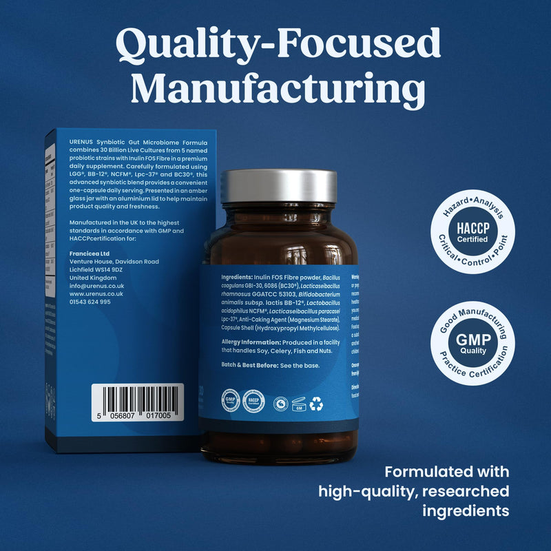 URENUS Synbiotic Gut Microbiome Formula 30 Billion Live Cultures 5 Clinically Studied Strains with Inulin FOS Prebiotic Fibre 30 Capsules