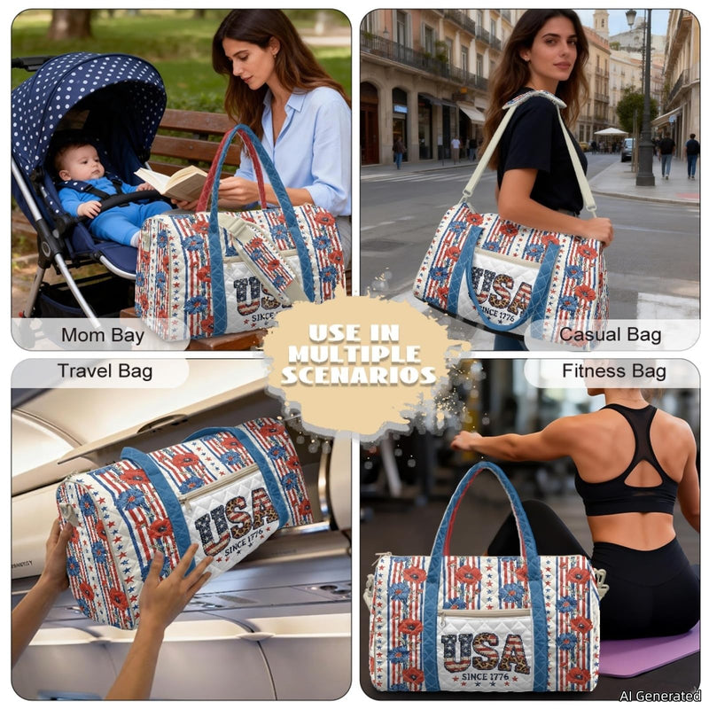 250th Anniversary USA Travel Duffle Bag for Women with Flowers on it Patriotic Overnight Bag with Crossbody Strap Portable Weekend Bag for Flying