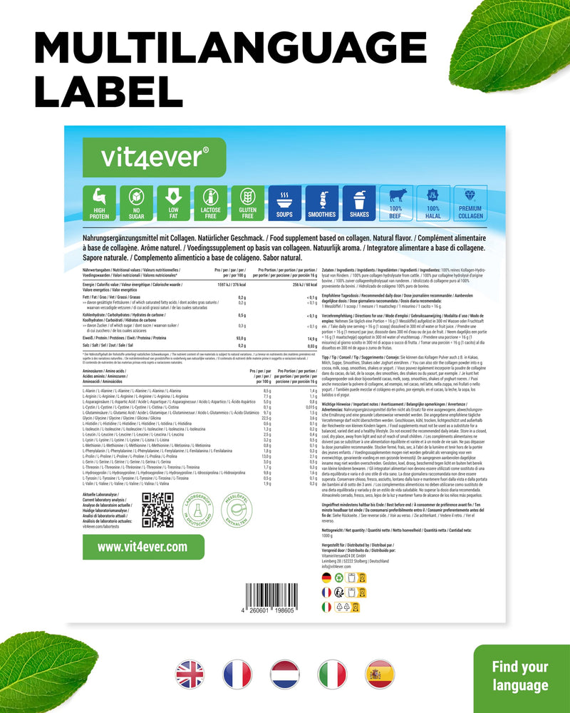 [Australia] - Collagen powder 1000 g - 100% bioactive collagen hydrolyzate peptides - collagen types 1, 2 & 3 - neutral in taste - without additives 1 kg 