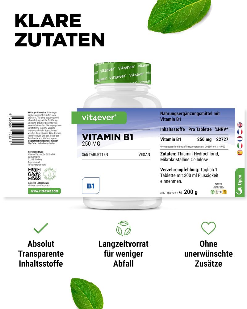 [Australia] - Vitamin B1 (Thiamine) - 250 mg - 365 tablets - Premium: Thiamine Hydrochloride - High bioavailability - 12 month supply - No unwanted additives - Vegan 