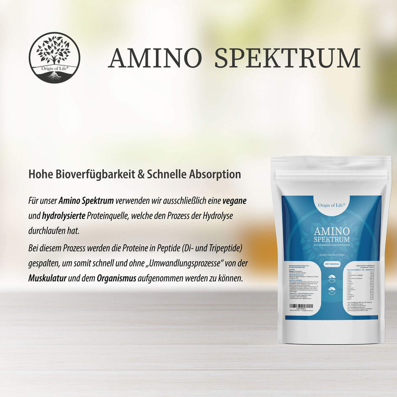 [Australia] - Origin of Life Amino Spectrum - 500 tablets of 1000 mg each - high dose & vegan - big pack - 18 amino acids including 8 EAA's & BCAA - laboratory tested - without magnesium stearate 