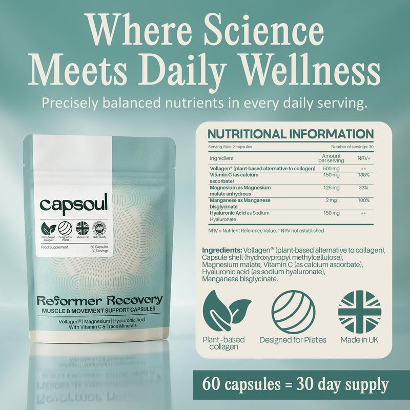Capsoul Reformer Collagen for Women - Muscle Recovery Supplements with Magnesium, Hyaluronic Acid & Vitamin C - Pilates Movement Formula for Post Workout & Joint Support - 60 Vegan Capsules
