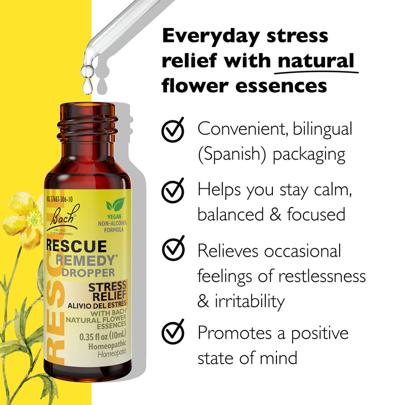 RESCUE Bach Remedy Dropper 10mL, Natural Stress Relief, Homeopathic Flower Essence, Vegan, Gluten & Sugar-Free, Non-Habit Forming (Non-Alcohol Formula) 10ml (Non-Alcohol)