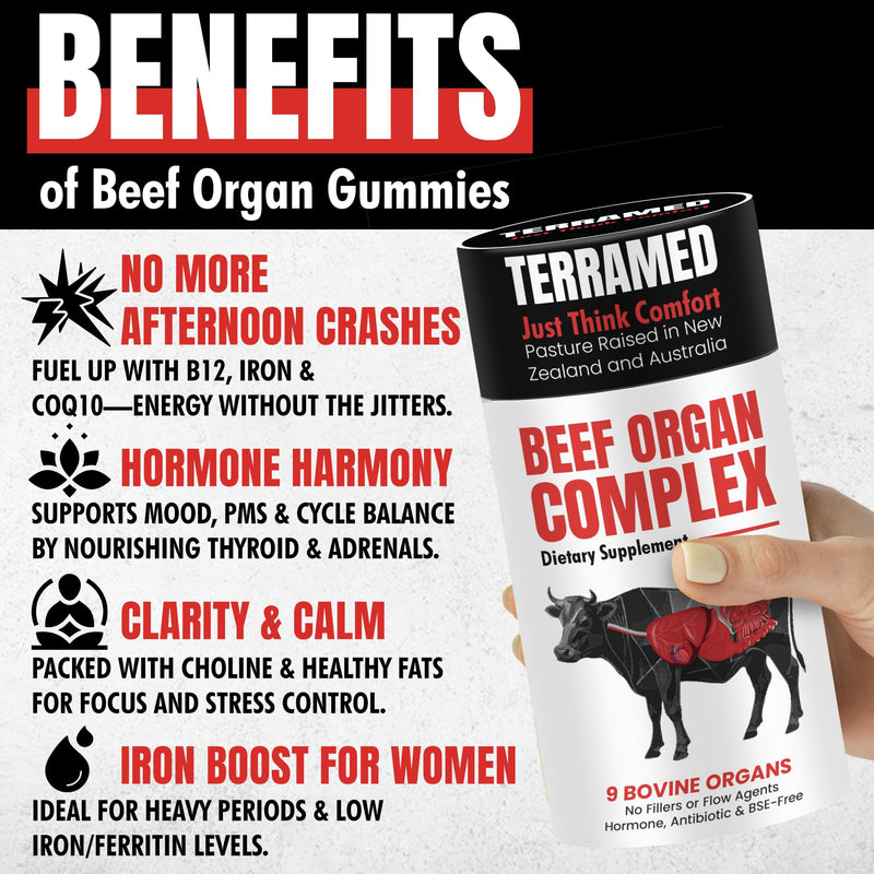 [Australia] - Beef Organ Supplement for Women | Grass Fed Beef Organs Liver Supplement | 9 Nutrient Rich Bovine Organs | Raised on New Zealand & Australian Pastures | No Fillers | Great Taste | 60 Gummies Beef Organ 