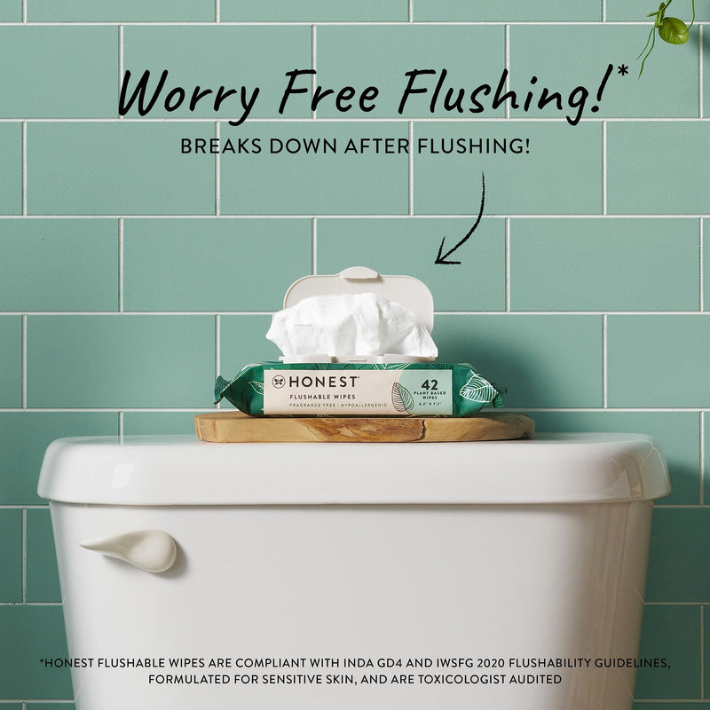 [Australia] - The Honest Company Plant-Based Flushable Wipes | 99% Water, Hypoallergenic, EWG Verified, Safe to Flush | Fragrance Free, 42 Count Unscented 42 Count (Pack of 1) 