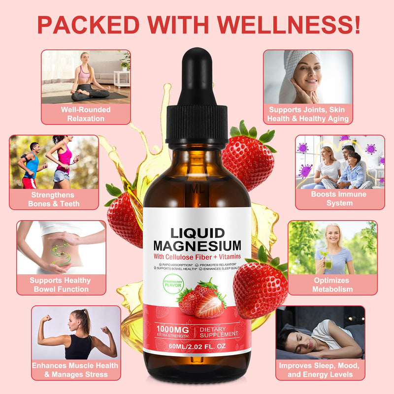 Magnesium Liquid, Magnesium Glycinate Liquid with Cellulose Fiber & Vitamins for Adults, 1000MG Extra Strength Sugar Free Vegan Non-GMO Complex Supplement, Strawberry Flavor, 60 Servings