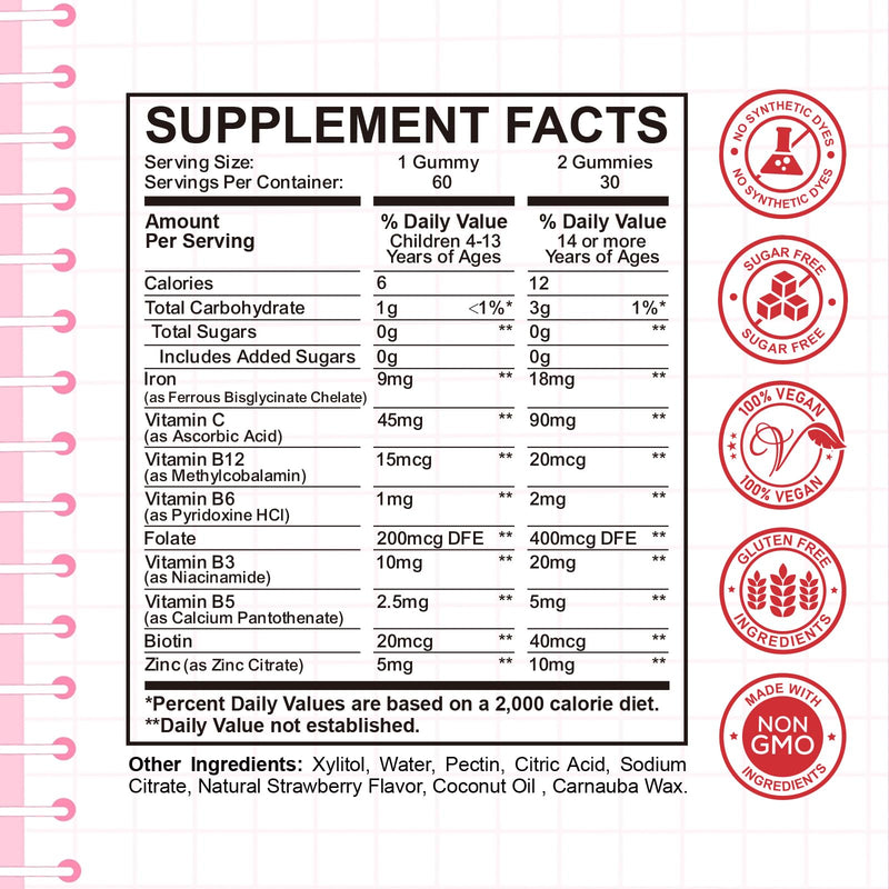 Iron Gummies for Kids, Women & Men, Iron Supplement with Multivitamin - Vitamin B Complex, C, B6, B12, Folate, Zinc for Anemia, Iron Deficiency, Blood Builder, Energy - Strawberry Flavor, Vegan 60ct