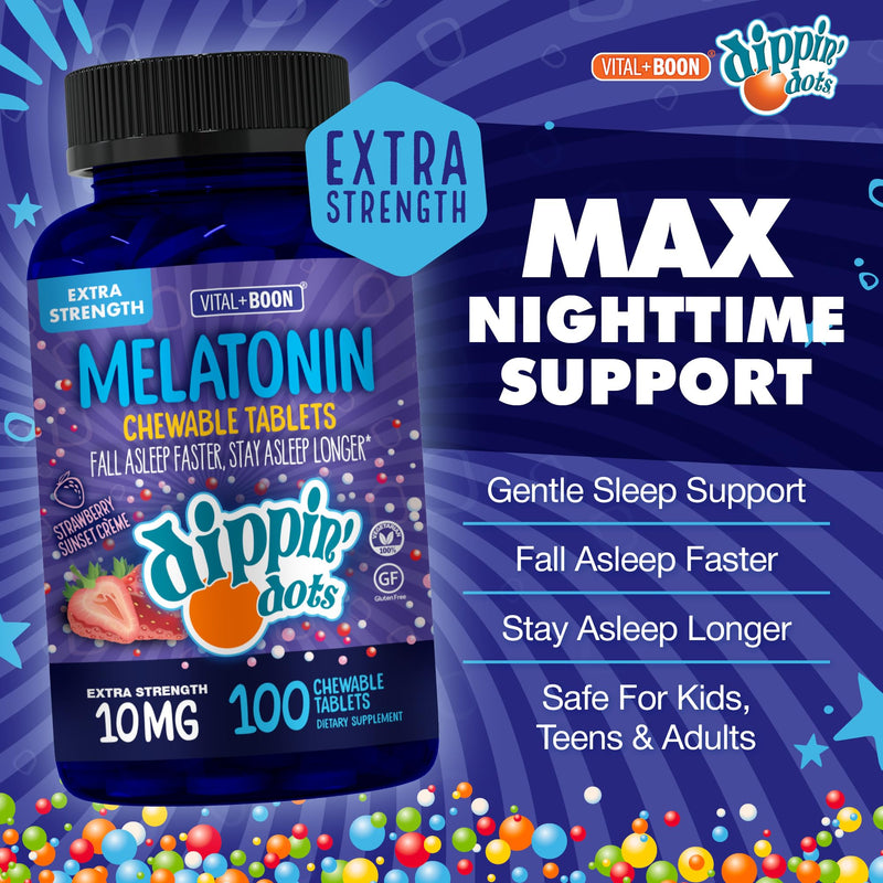Dippin' Dots Chewable Melatonin Tablets 10mg, Natural Sleep Aid (100 Ct) | Strawberry Sunset Creme sugar-free chewable melatonin tablets, sleep medicine for nightly rest; kosher, gluten free. 100 Count (Pack of 1) Chews - 10 mg/serving