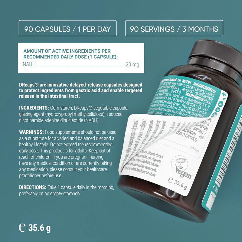 Nullure NADH Supplements 20 mg | with DRcaps® targeted delivery | Energy · Mental Clarity · Cellular Health | No Magnesium Stearate | 3rd Party Tested in Germany | Vegan | 90 caps - 3 Month Supply