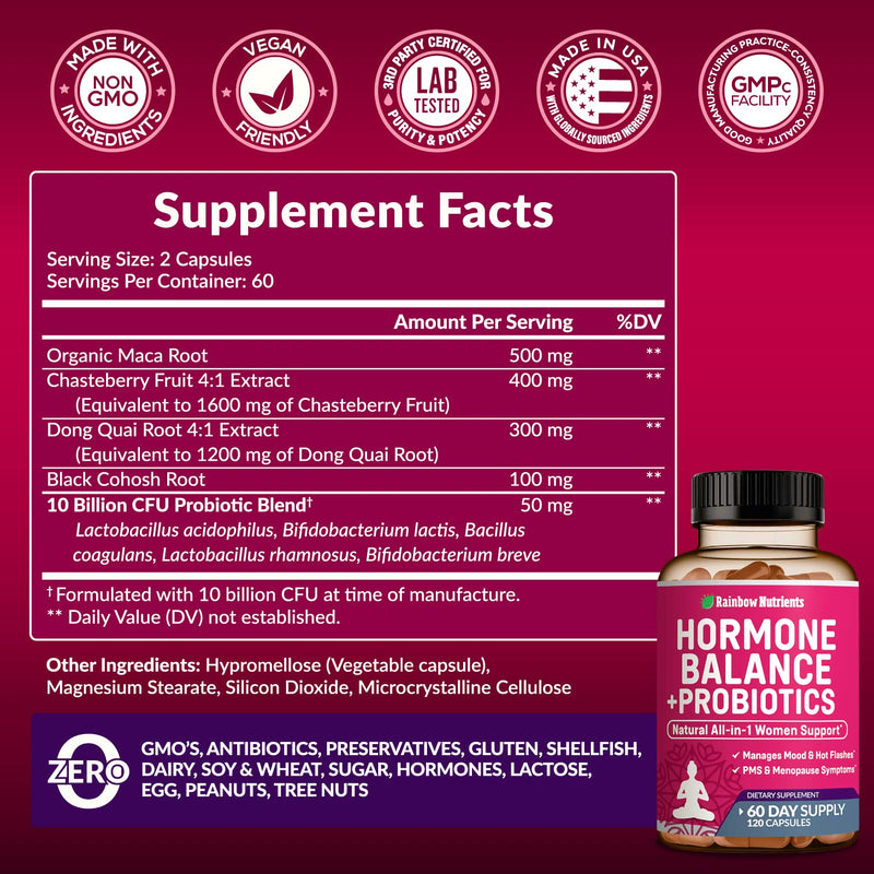 [Australia] - Hormone Balance + Probiotics for Women- Natural Menopause Relief, Weight Management, Bloating, Hot Flashes, PMS | Organic Maca, Chasteberry, Dong Quai & Black Cohosh | Non GMO |120 V Capsules 1 