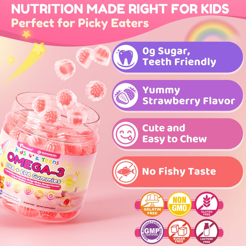 Omega 3 Gummies for Kids, w/DHA + EPA Plus Methyl B12 B9, D3 K2, 120 cts | Lion's Mane, Super Greens, Lutein, Picky Eater Vitamins for Growth, Cognitive & Immune Support, No Fish Burps, Sugar Free 60 Count (Pack of 2)