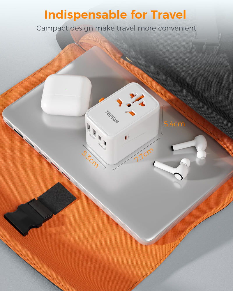 TESSAN Universal Travel Adapter, GaN 65W | 3 USB C Ports, 2 USB A Ports, Type C/G/A/I, European USA UK Australia Ireland Snow white